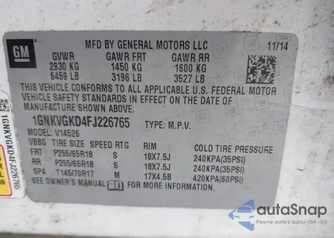 2015 Chevrolet Traverse 1Lt z USA, uszkodzony, nr VIN 1GNKVGKD4FJ226765